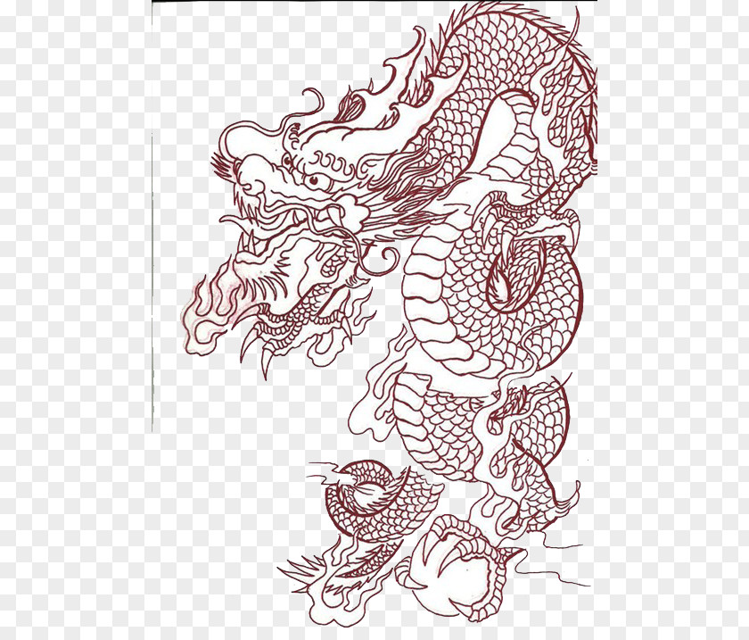 Black And White Dragon Figure Tattoo Chinese Line Art Clip PNG