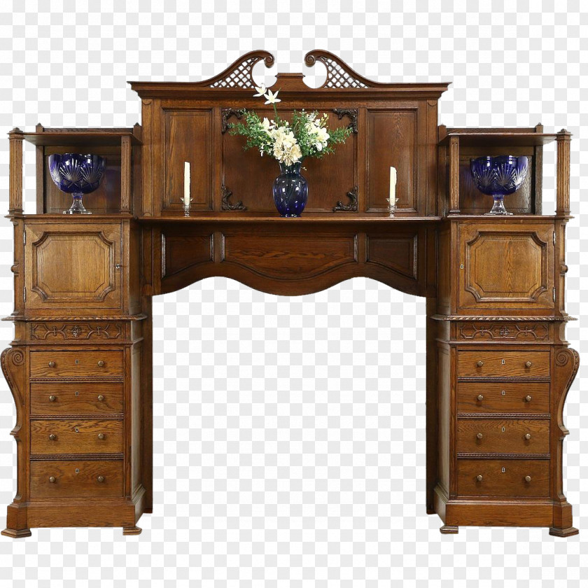 Antique Furniture Desk Fireplace Mantel Bookcase PNG