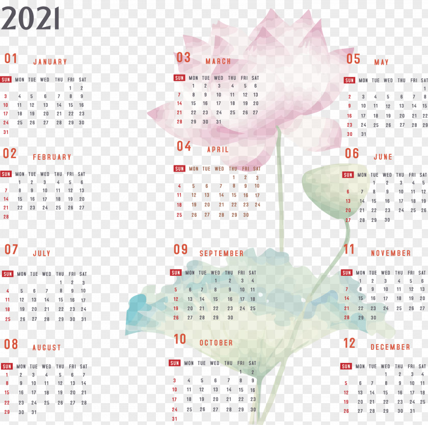 Year 2021 Calendar Printable Yearly Full PNG