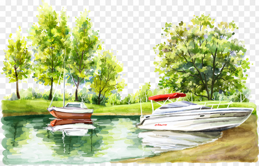Creek Boat Cartoon Watercolor Painting Illustration PNG