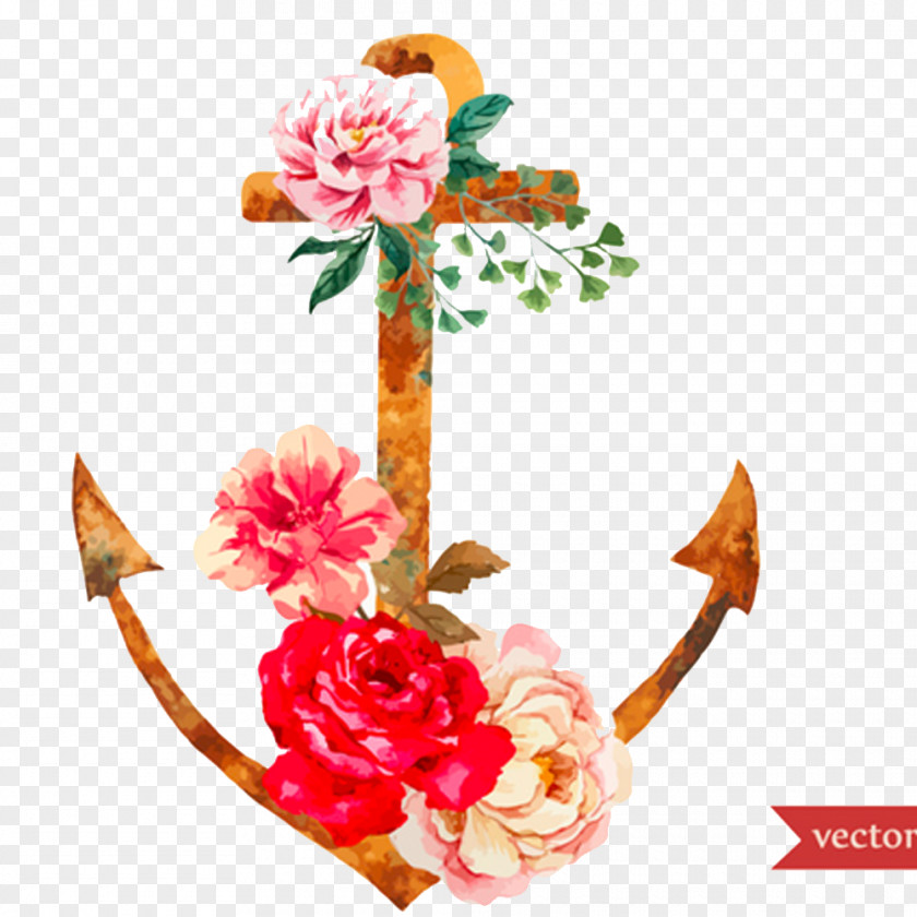 Watercolor Roses And Anchor Elements Flower Illustration PNG