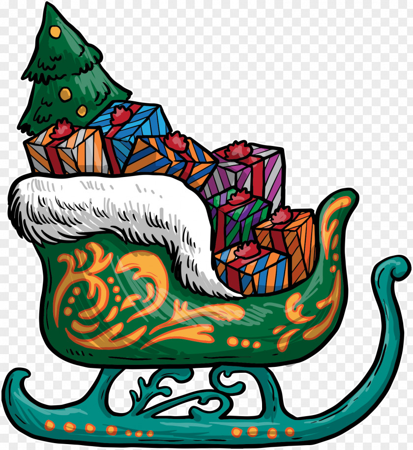 Vector Christmas Sleigh In Gift Box Santa Claus Decoration Card Lights PNG