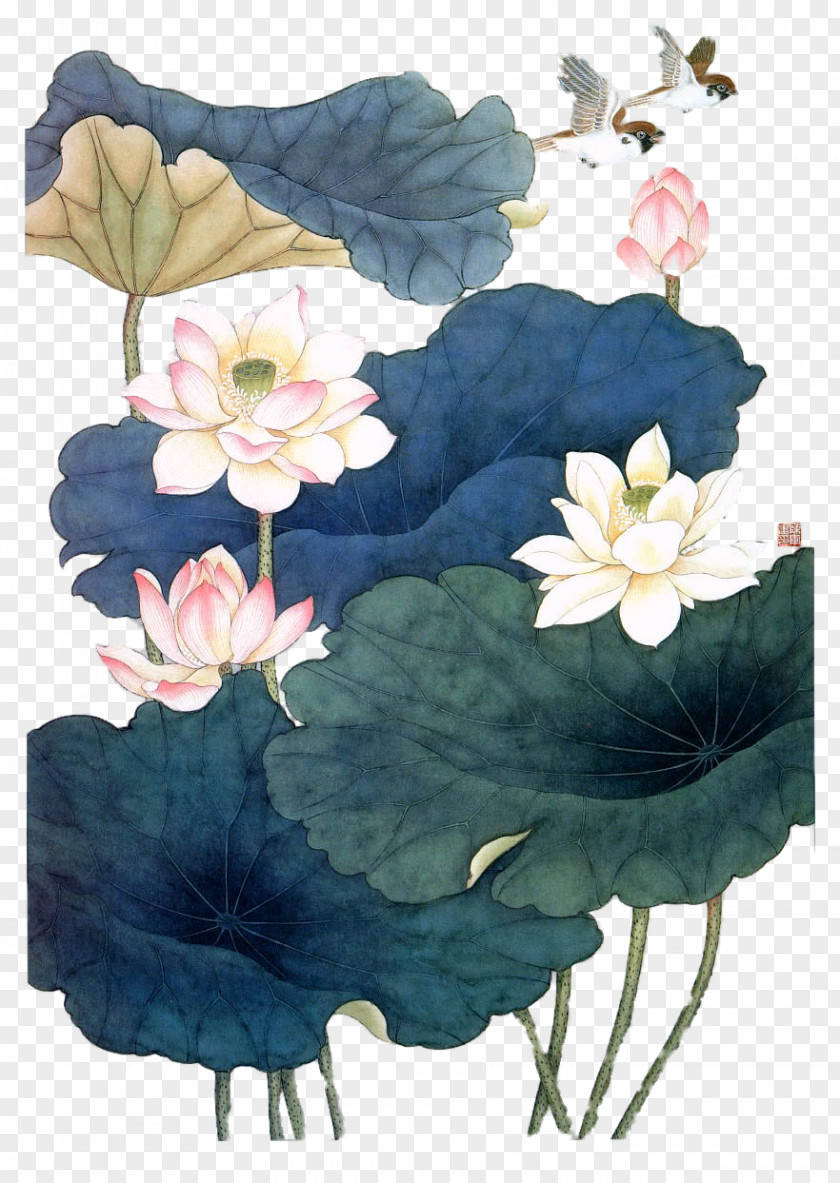 Antique Element Lotus Birds Art Glass Paintings Licoglass Light Drawing PNG