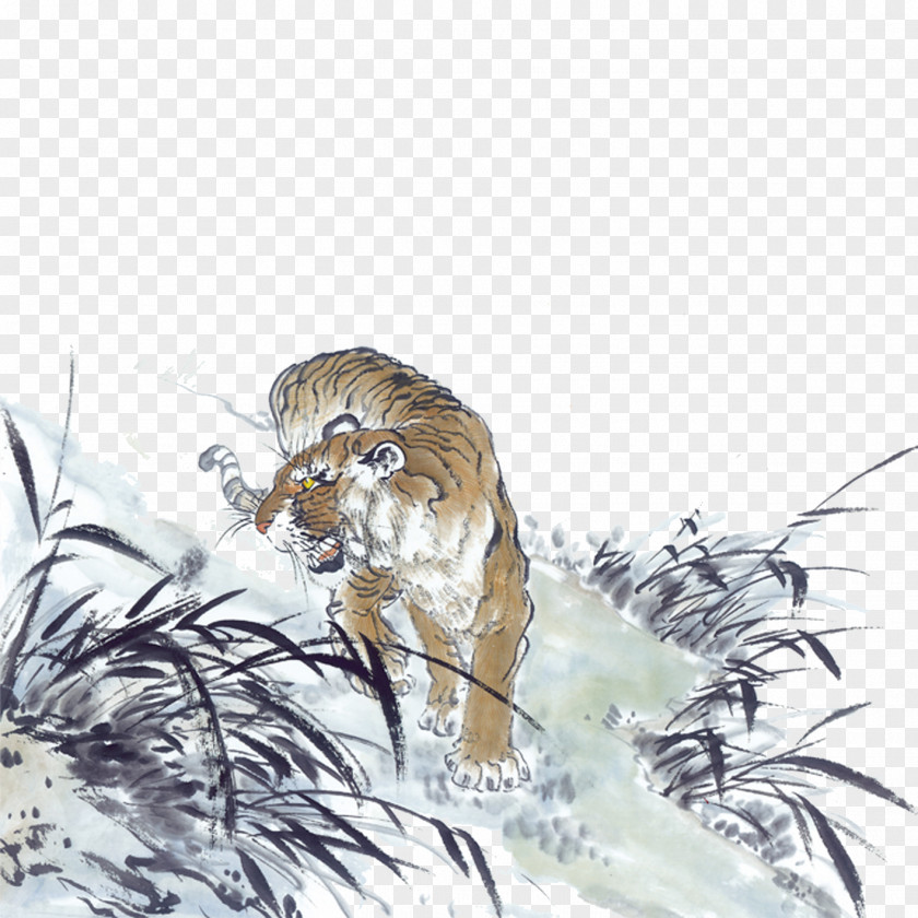 Tiger Ink Wash Painting Chinese PNG