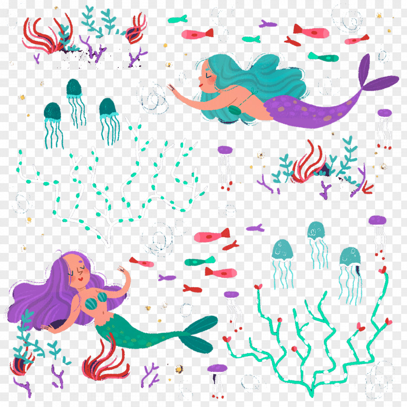 Hand-painted Pattern Undersea Mermaid Clip Art PNG