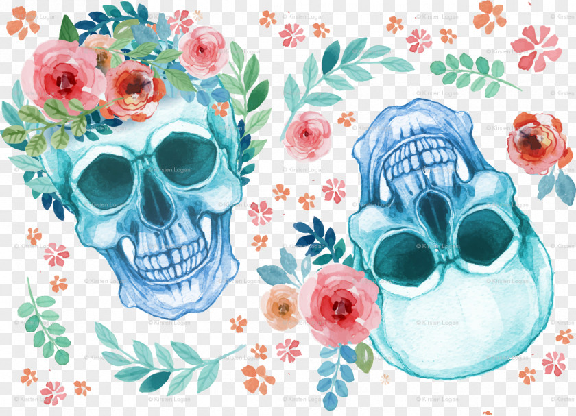 Skull Watercolor Painting Calavera Floral Design Drawing PNG