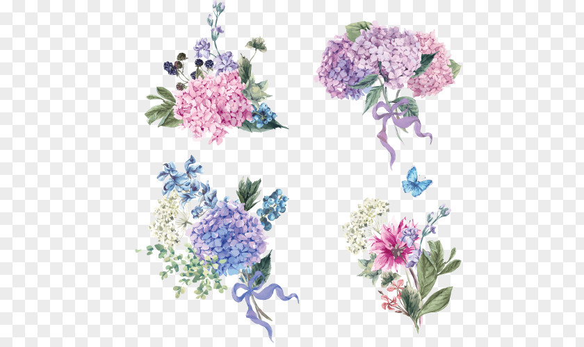 Hand-painted Watercolor Bouquet Hydrangea Flower Euclidean Vector Stock Illustration PNG