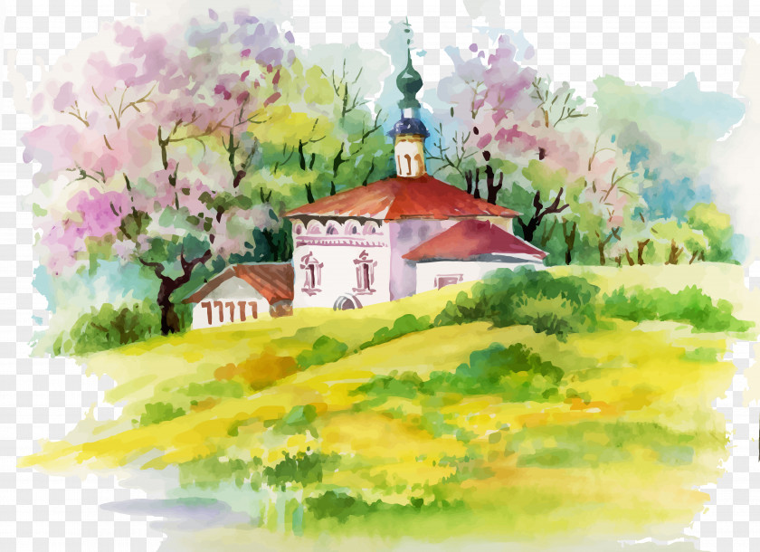 Decorative Beautiful Scenery And Fresh Cottage Watercolor Painting House Illustration PNG