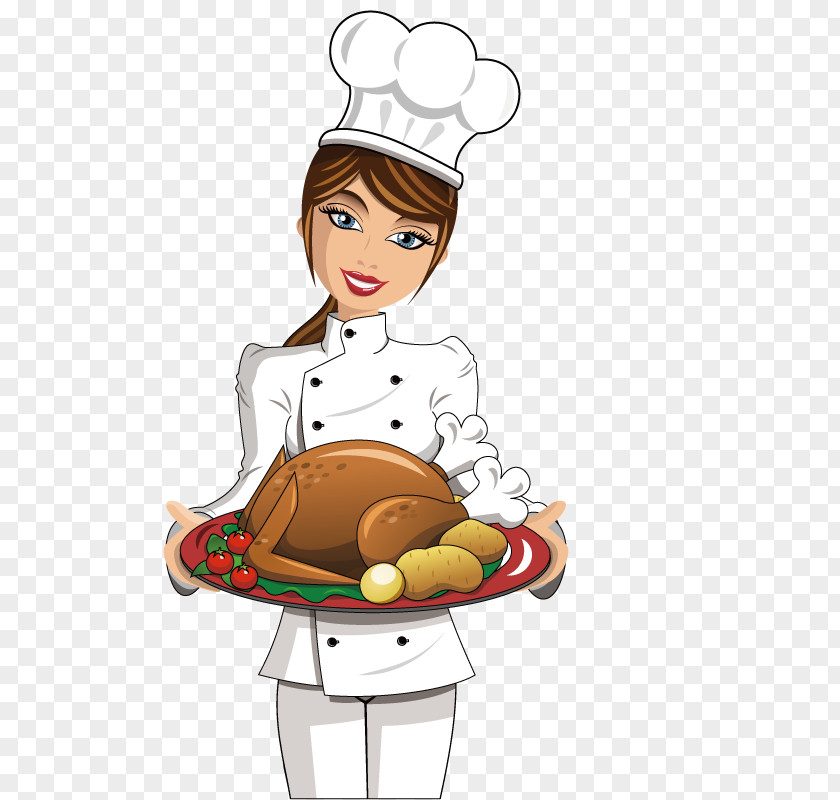 Chef Cooking Roasting PNG Roasting, Girl Gourmet, woman carrying chicken illustration clipart PNG