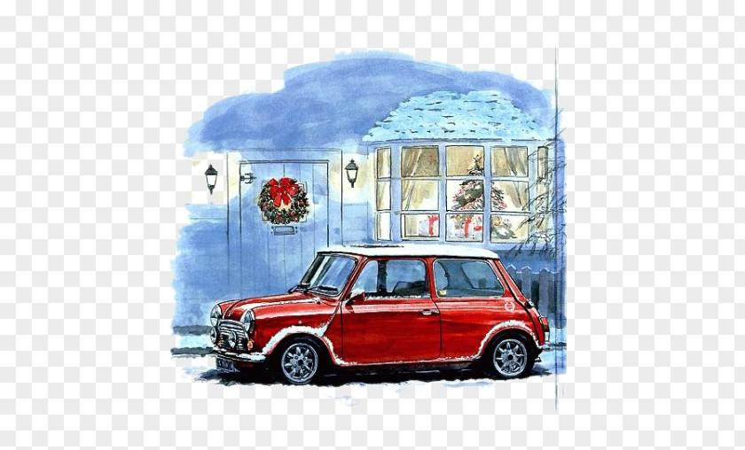 Red Watercolor Car MINI Cooper Sport Utility Vehicle Automotive Design Painting PNG