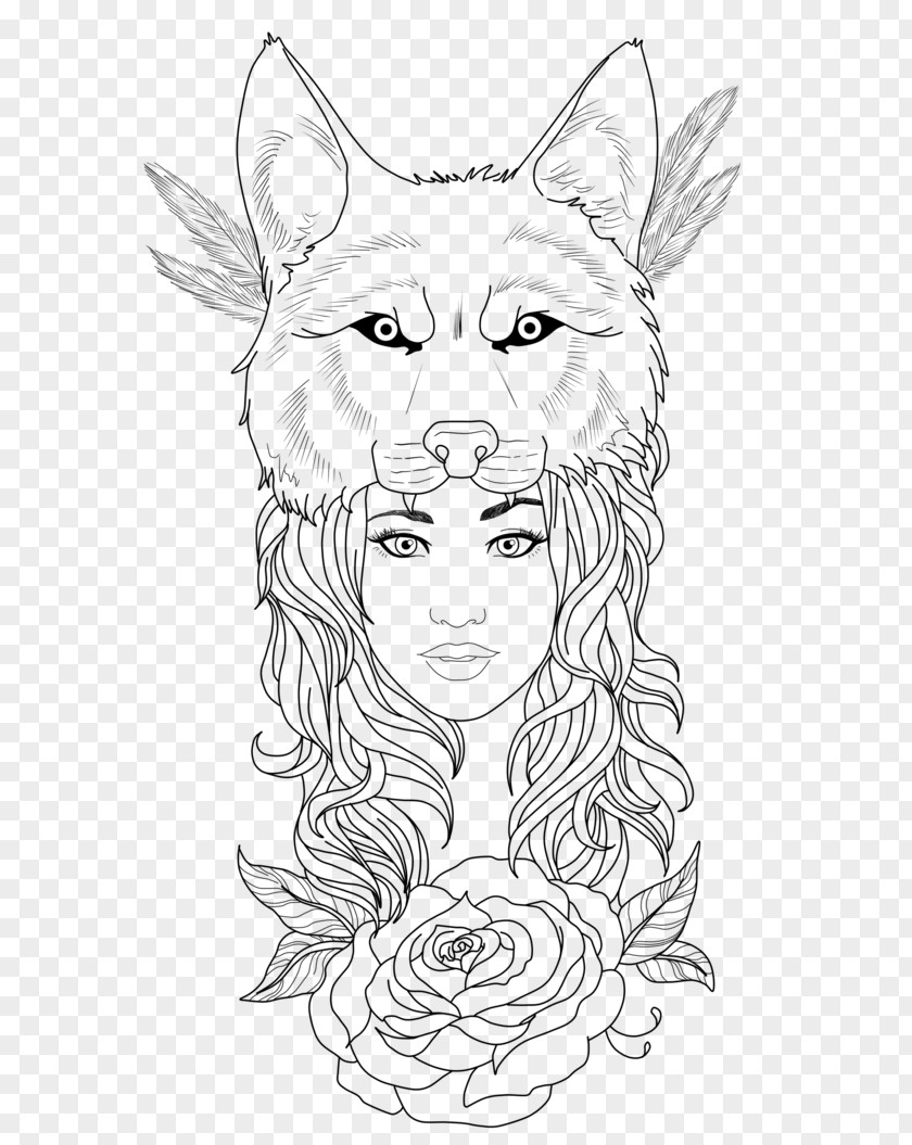 Tattoo Woman Wolf PNG Wolf, four white dots clipart PNG