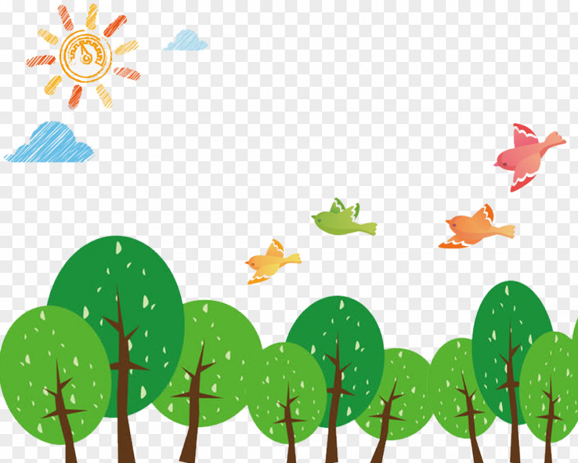 Cartoon Forest Wall Painting Tree Illustration PNG