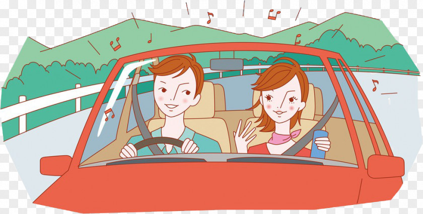 Hand-painted Cartoon Couple Driving Illustration PNG