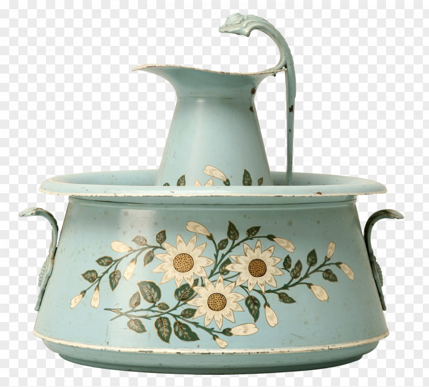 Green Flower Print Jar Antique Pitcher Bowl Bathroom Porcelain PNG