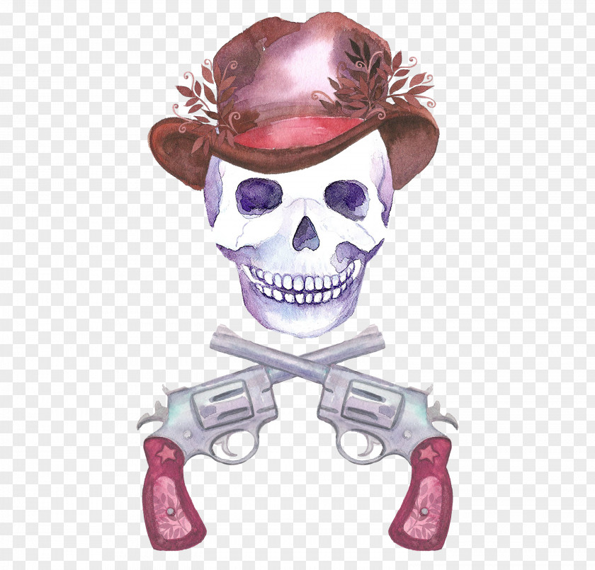 Watercolor Pistol Skull Painting Clip Art PNG