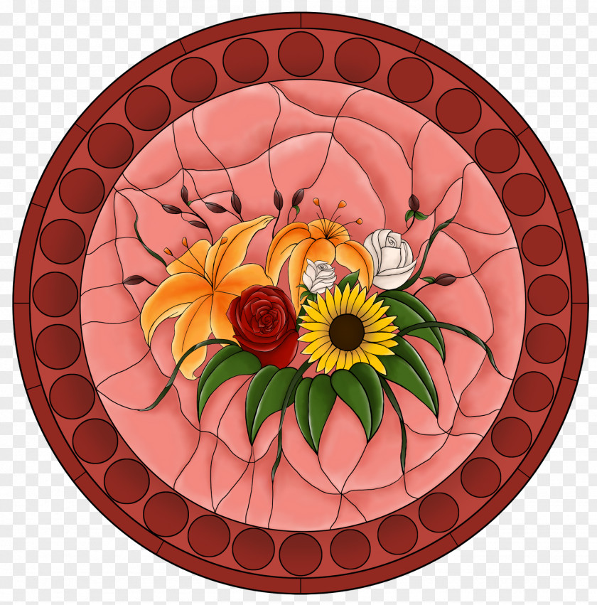 Round Stained Glass Window Floral Design Cut Flowers Orange S.A. PNG