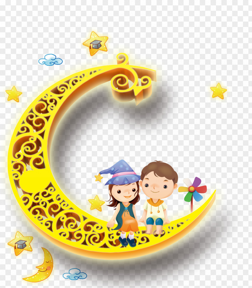 Beautiful Cartoon Boys Girls Children's Day Moon Stars Windmill Text Yellow Illustration PNG