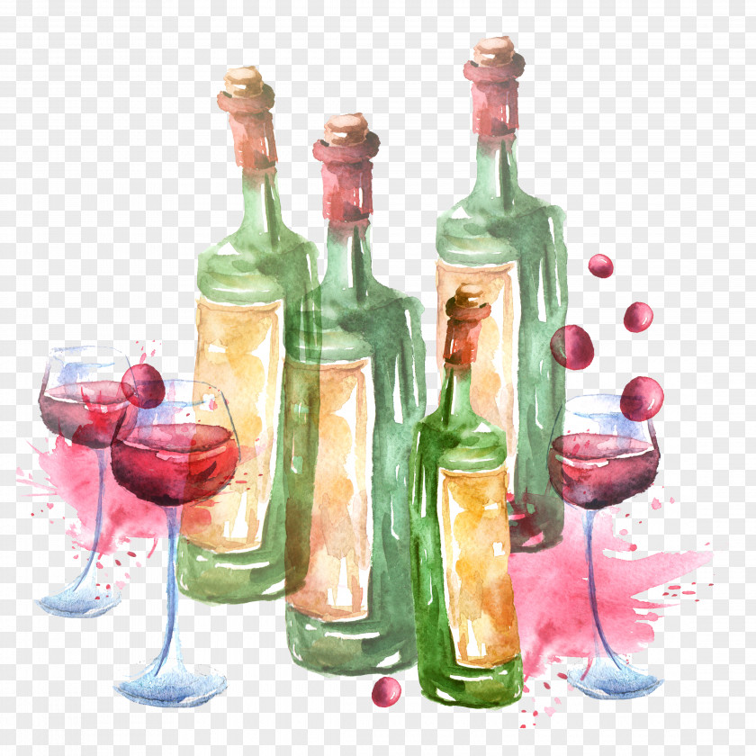 Painted Wine Bottles And Glasses Red Liqueur Glass Bottle PNG