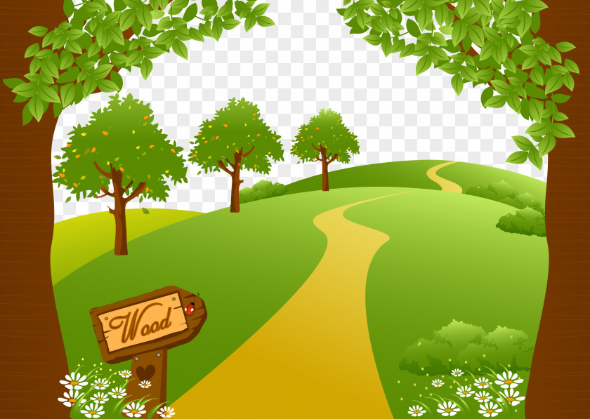 Green Forest Road Euclidean Vector Drawing Landscape Illustration PNG