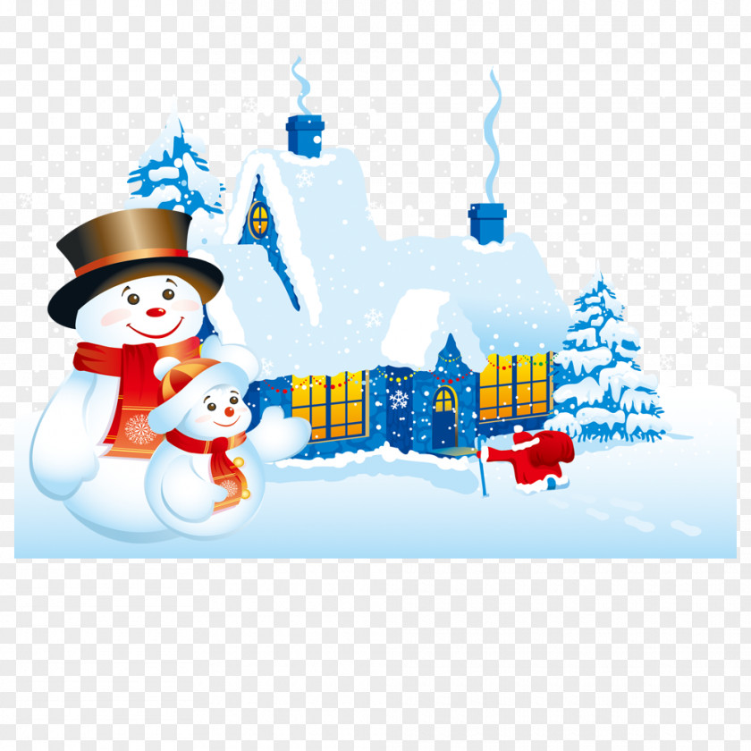 Cartoon Christmas House And Snowman PNG