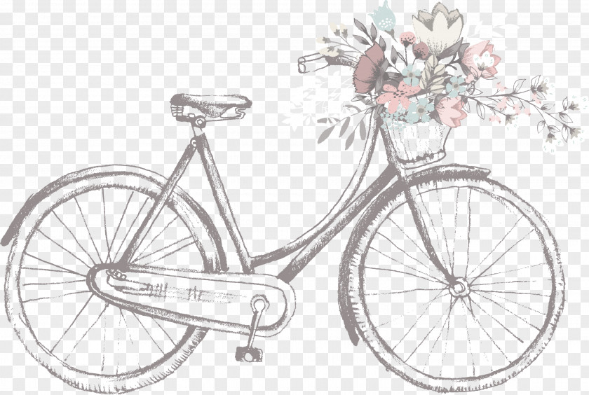 Wedding Invitation Bicycle PNG invitation , bicycle, gray cruiser bike with flowers in its basket illustration clipart PNG