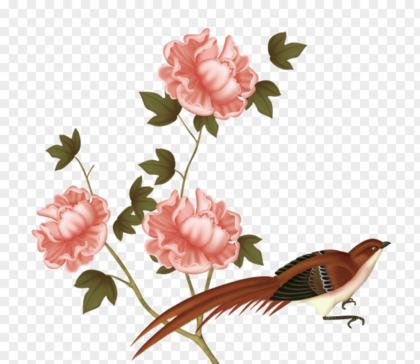 Peony Flowers U5de5u7b14u82b1u9e1fu753b Garden Roses Bird-and-flower Painting Gongbi PNG