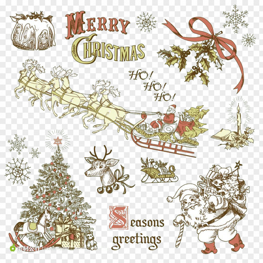 Santa Sleigh Snowflake Elk Material Rudolph Claus Christmas Card PNG