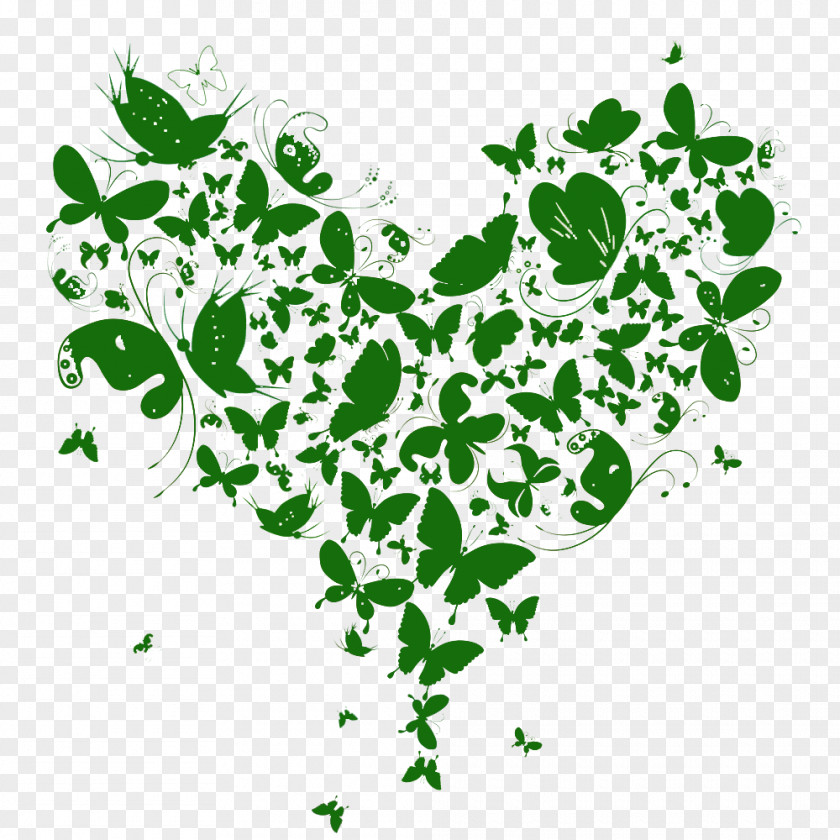 Love Flowers And Green Background Butterfly Heart Illustration PNG