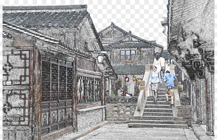Hand-painted Town Wuzhen Painting Wallpaper PNG