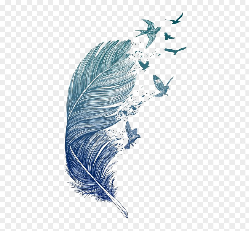Blue Feather Bird Printmaking Tattoo Printing PNG