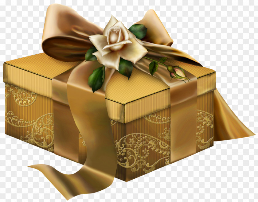 Gold 3D Present With Roses Clipart PNG