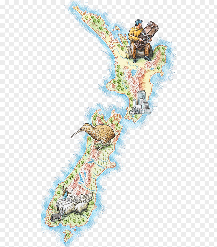Hand Painted New Zealand Map North Island Brown Kiwi Royalty-free Illustration PNG