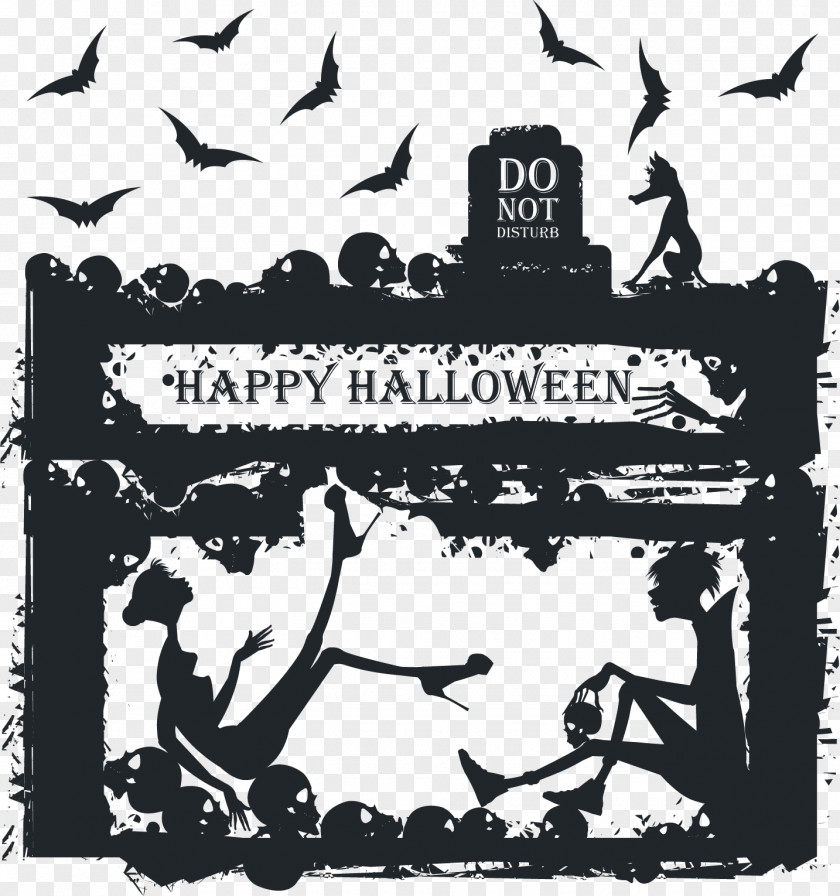 Vector Black Skull Halloween Greeting Card Illustration PNG