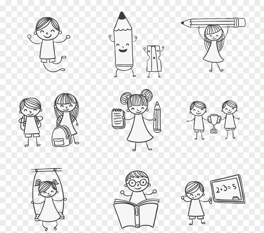Color & Draw Child Drawing Play9 Hand-painted School Children Playing Vector Material Kids Doodle PNG
