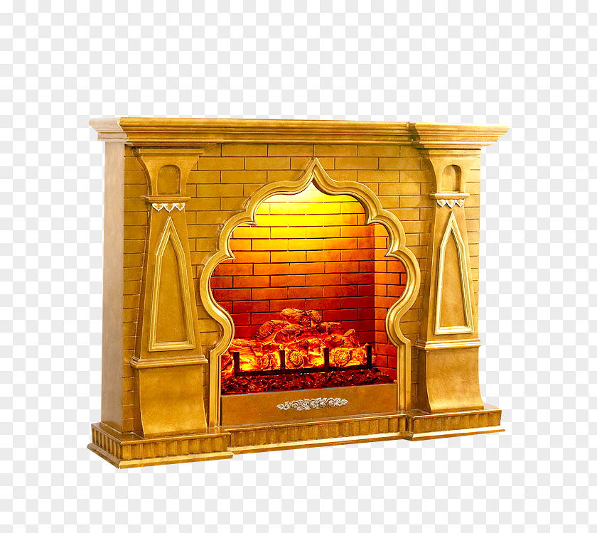 Golden European Home Fireplace Material Mantel Chimney Central Heating PNG