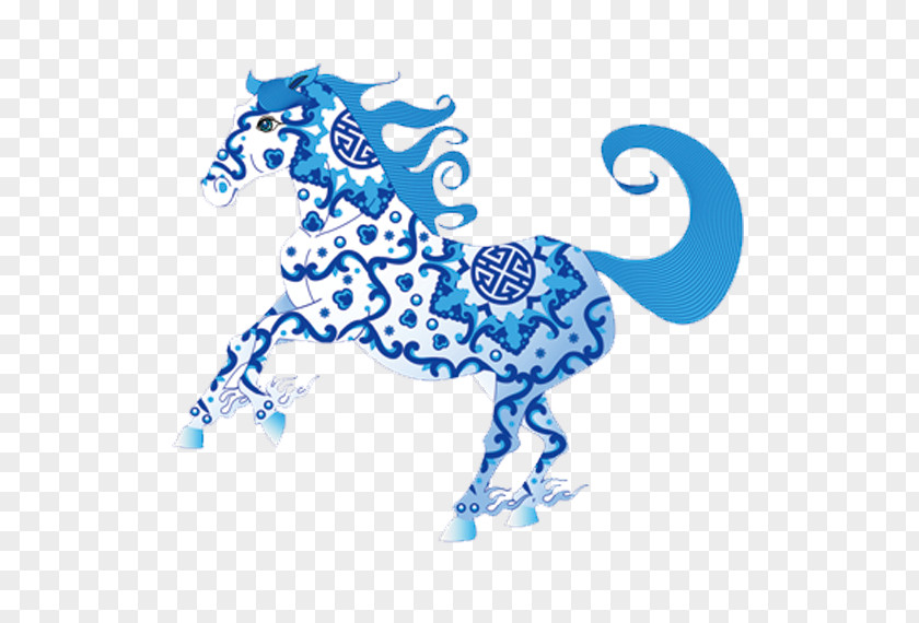 Blue And White Decorative Pattern Horse Chinese New Year Papercutting PNG