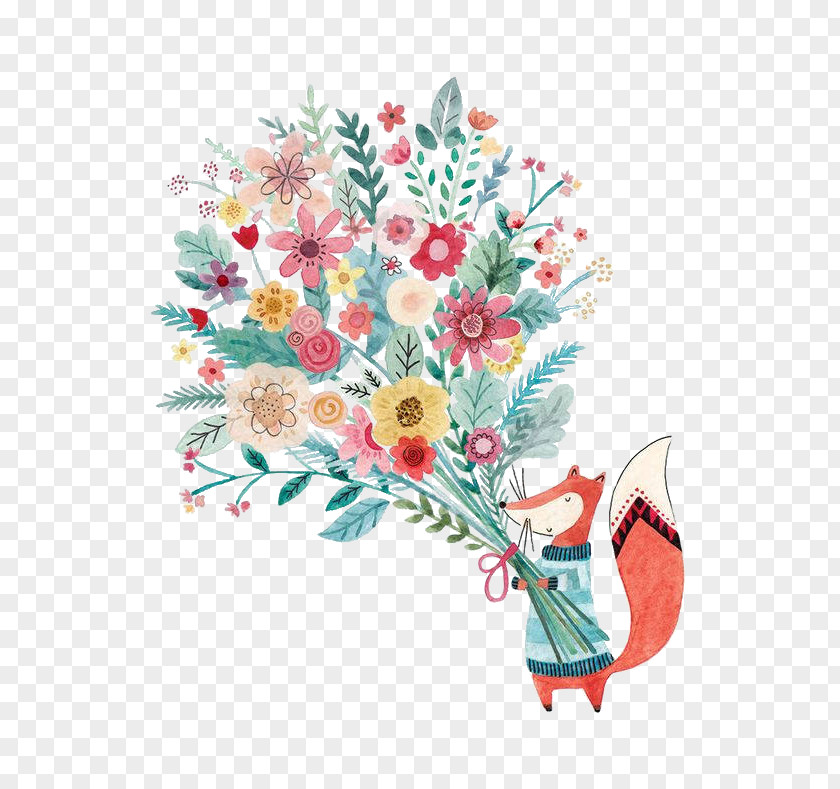 Fox Holding Flower Greeting Card Illustrator Birthday Christmas Illustration PNG