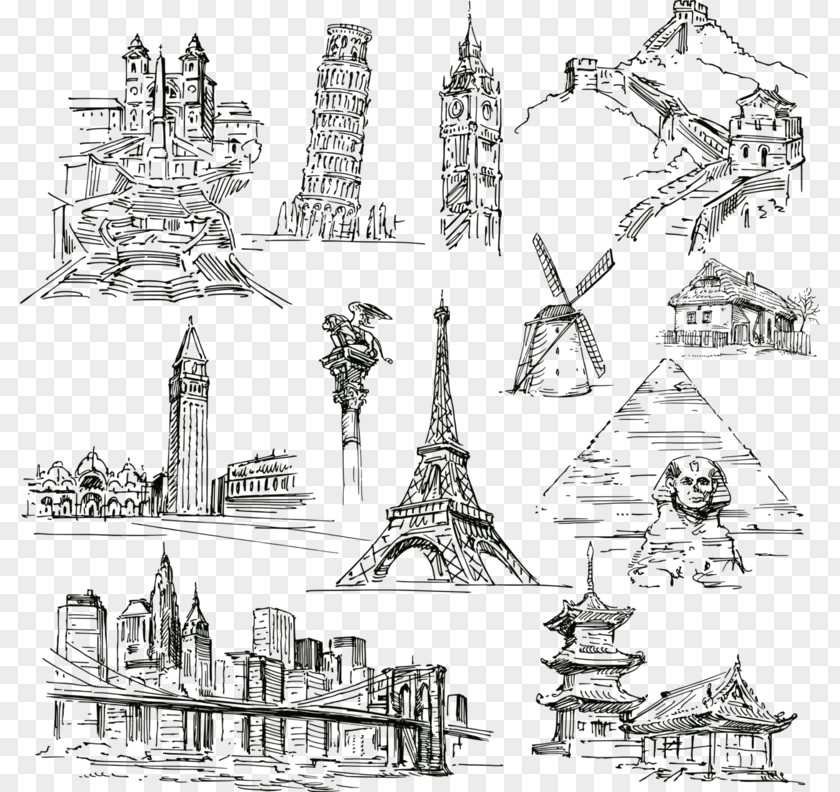 Hand-painted World Landmarks Statue Of Liberty Eiffel Tower Landmark Drawing PNG