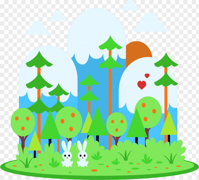 Cute Bunny Forest Scenery Cartoon Illustration PNG