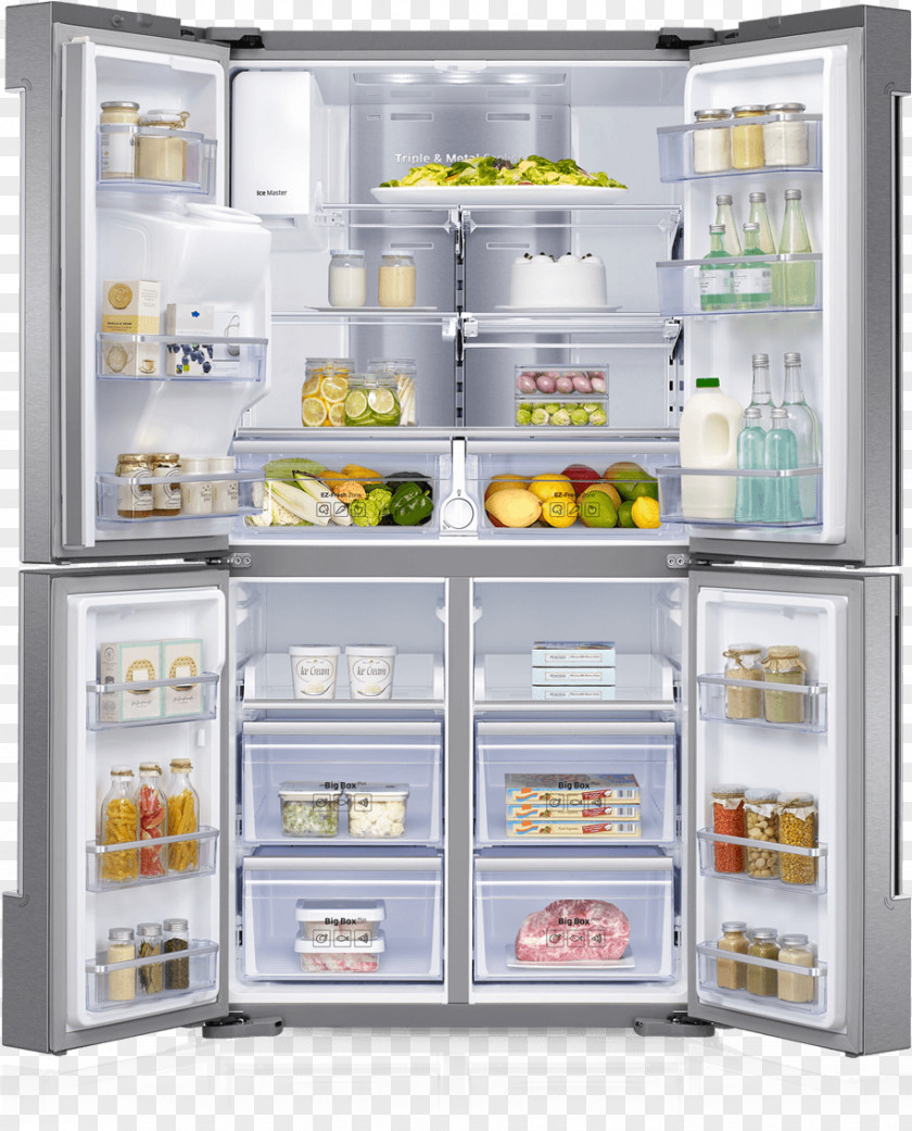Family Hub Samsung Fridge PNG Fridge, silver French-door refrigerator filled with fruit, bottle, and container clipart PNG
