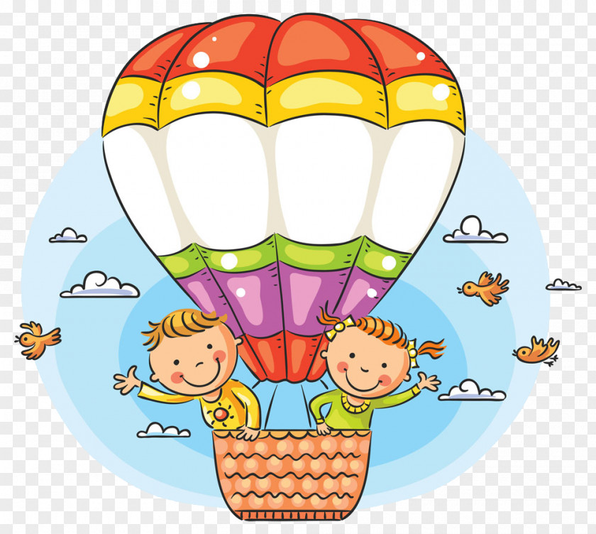 Children On A Hot Air Balloon Cartoon Illustration PNG