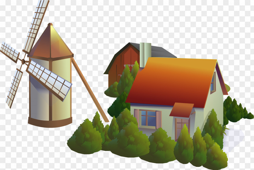 Village Of The Windmills Vector Cartoon Material Cabin U6751u5e84 Drawing PNG