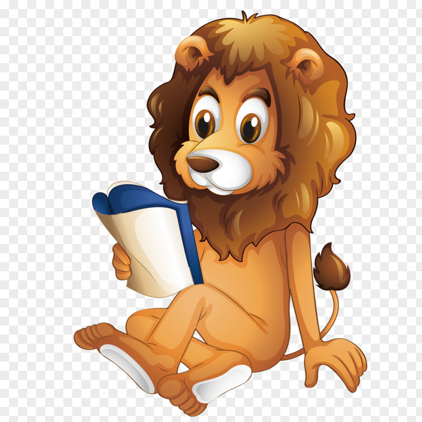 A Lion Reading Vector Book Illustration PNG