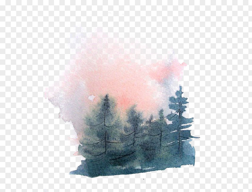 Watercolor Pine Forest Painting Drawing PNG