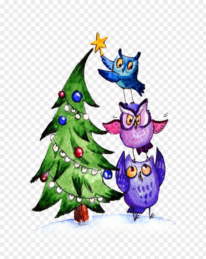 Watercolor Owl Christmas Tree Bird Ornament PNG