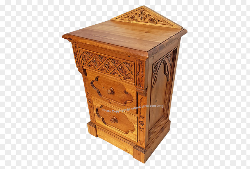 Gothic Style Bedside Tables Drawer Chiffonier Antique Wood Stain PNG