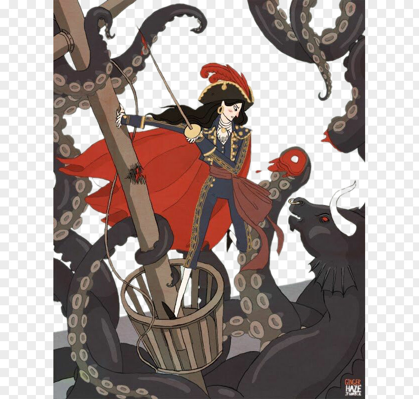 Female Pirate With An Octopus Strange Fight Nimona Printmaking Canvas DeviantArt Illustration PNG