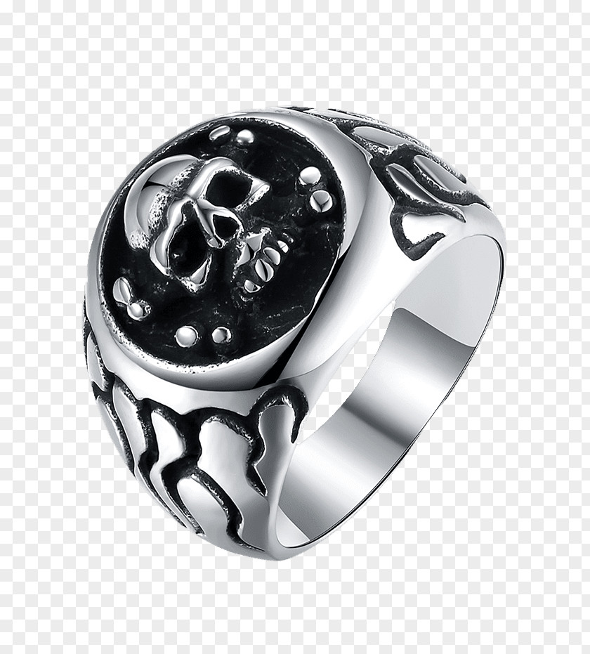 Ring Pattern Skull Stainless Steel Signet Silver PNG