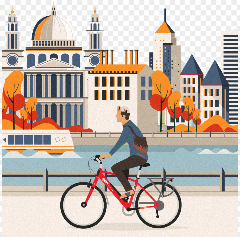 Hand-painted Buildings And Cyclist Graphic Design Behance Illustration PNG