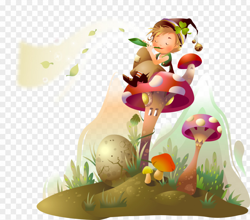 Mushroom Roof Blown Musical Boy Vector Illustration Fairy Tale Wallpaper PNG